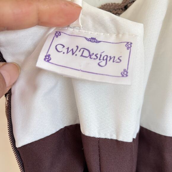 VTG Brown Satin Evening Gown – Ivory Lace Bodice, Spaghetti Straps, Made in USA - Picture 2 of 8